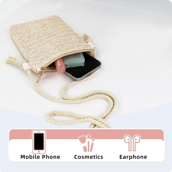 Stylish Straw and Polyester Beige Crossbody Cell Phone Purse with Detachable Rop - Picture 4 of 6